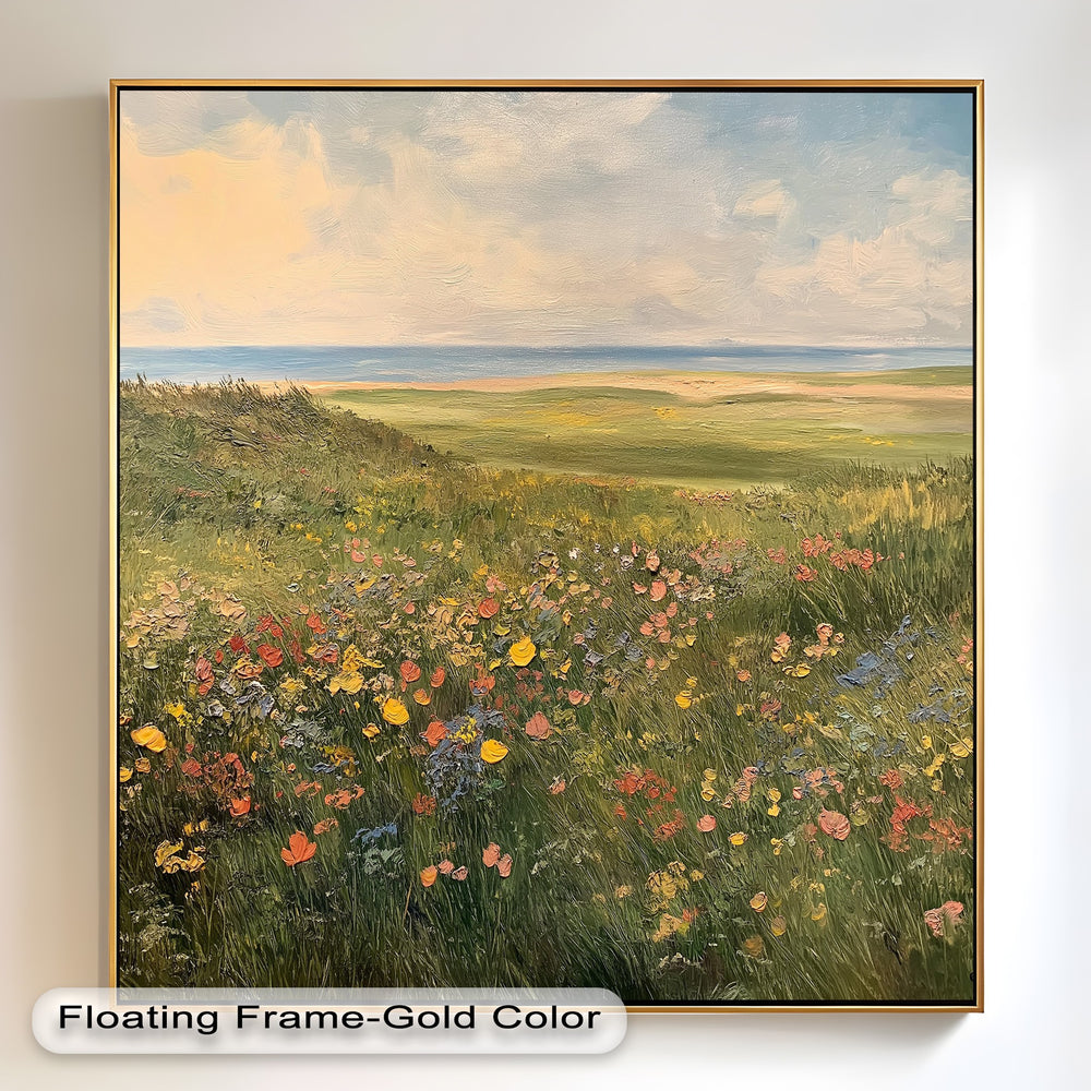 Seaside landscape artwork featuring vibrant wildflowers under a pastel sky.
