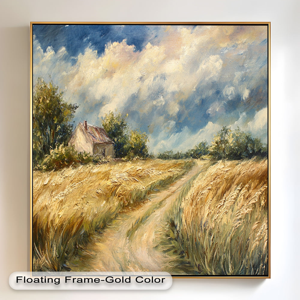 Vintage rural scene featuring a cozy cottage and windswept grasses.
