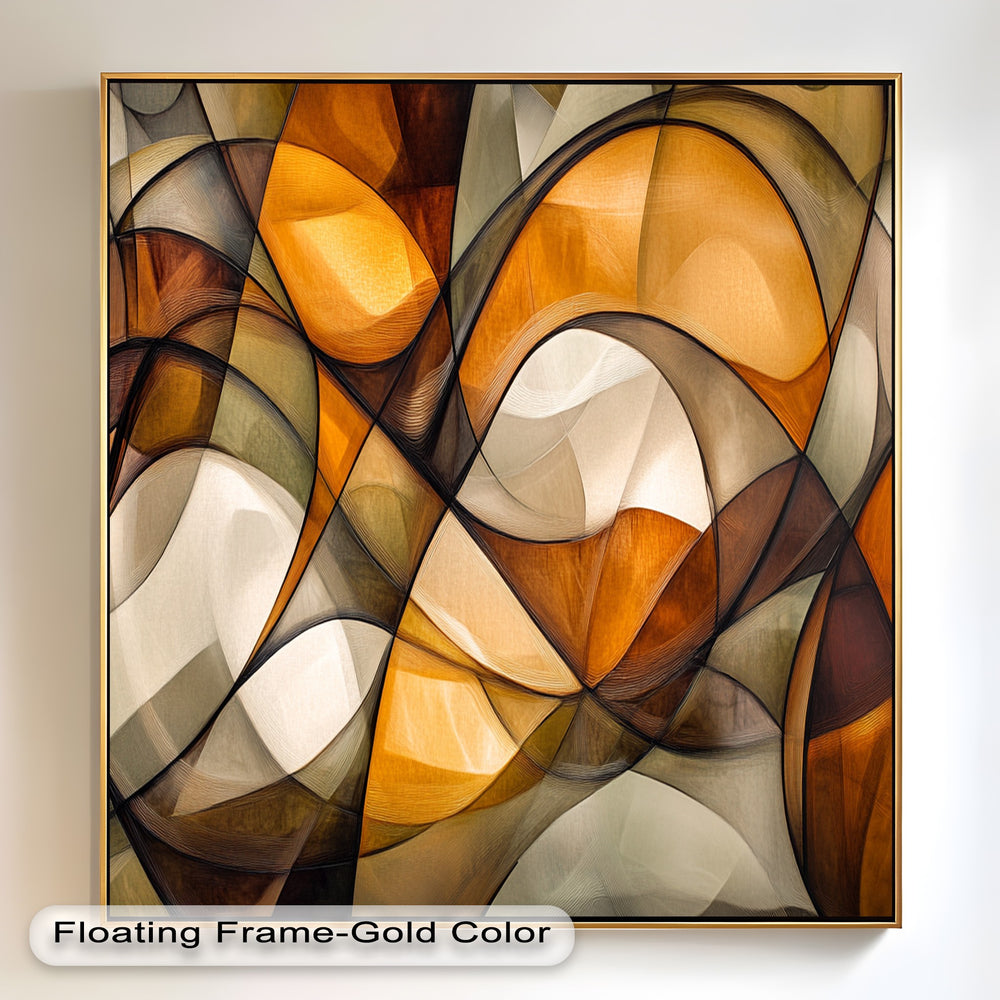 Modern abstract wall art featuring golden brown swirls and layered shapes.
