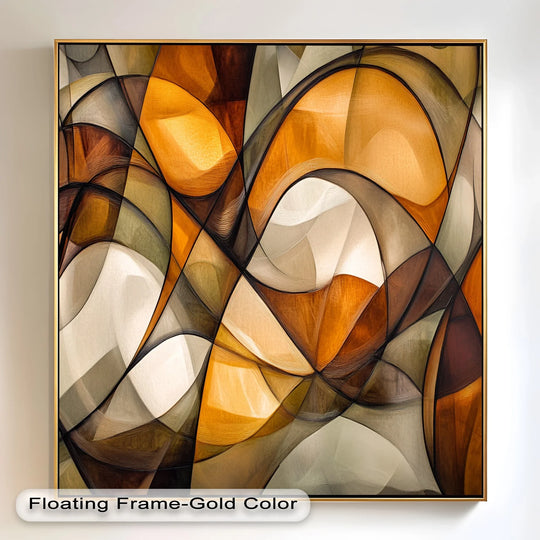 Showcasing geometric elements with fluid lines, this golden flow oil painting decoration features a dynamic arrangement of amber and gold tones in a modern composition.