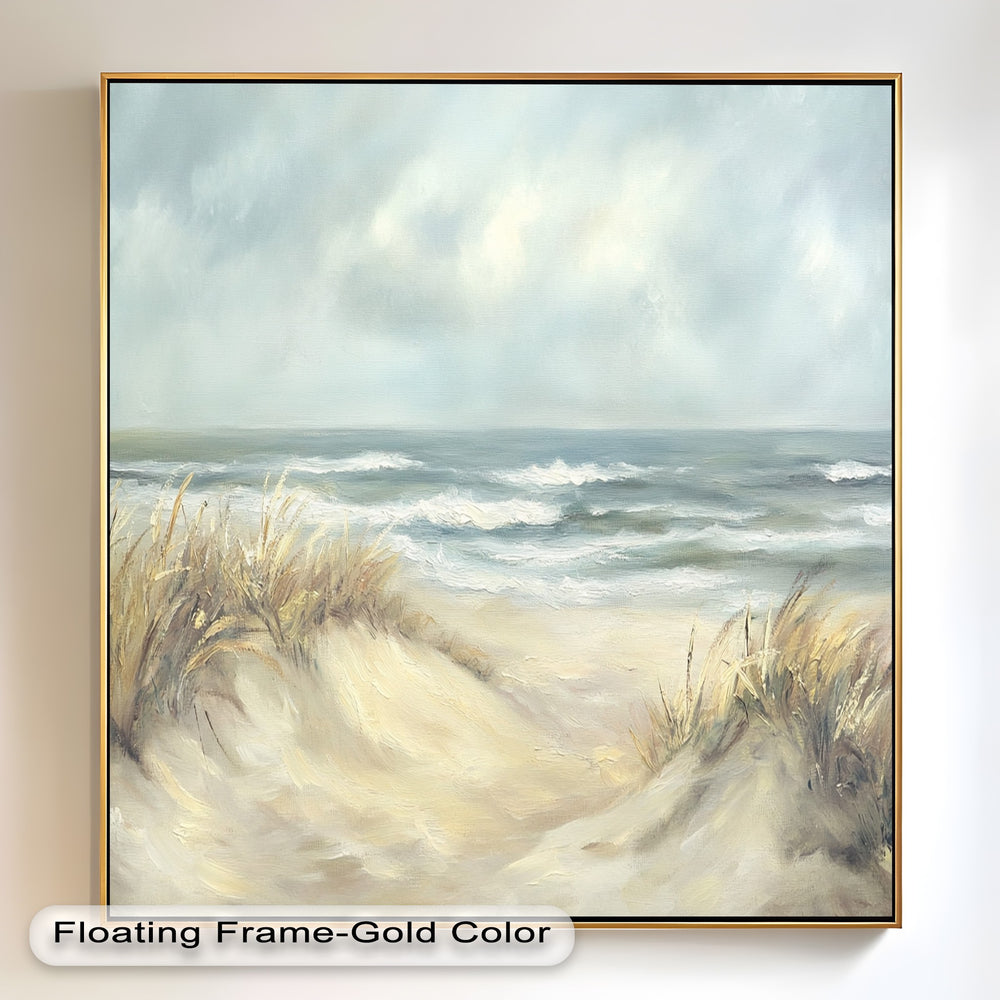 Seaside painting with coastal grasses and a calm sea view.
