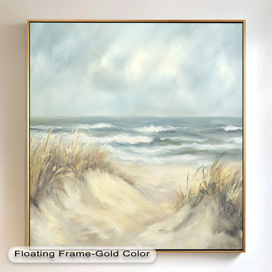 Geometric coastal dune serenity shows an oil painting decoration featuring a gold-framed rectangular canvas contrasting the rounded brushstrokes forming the beach scene.