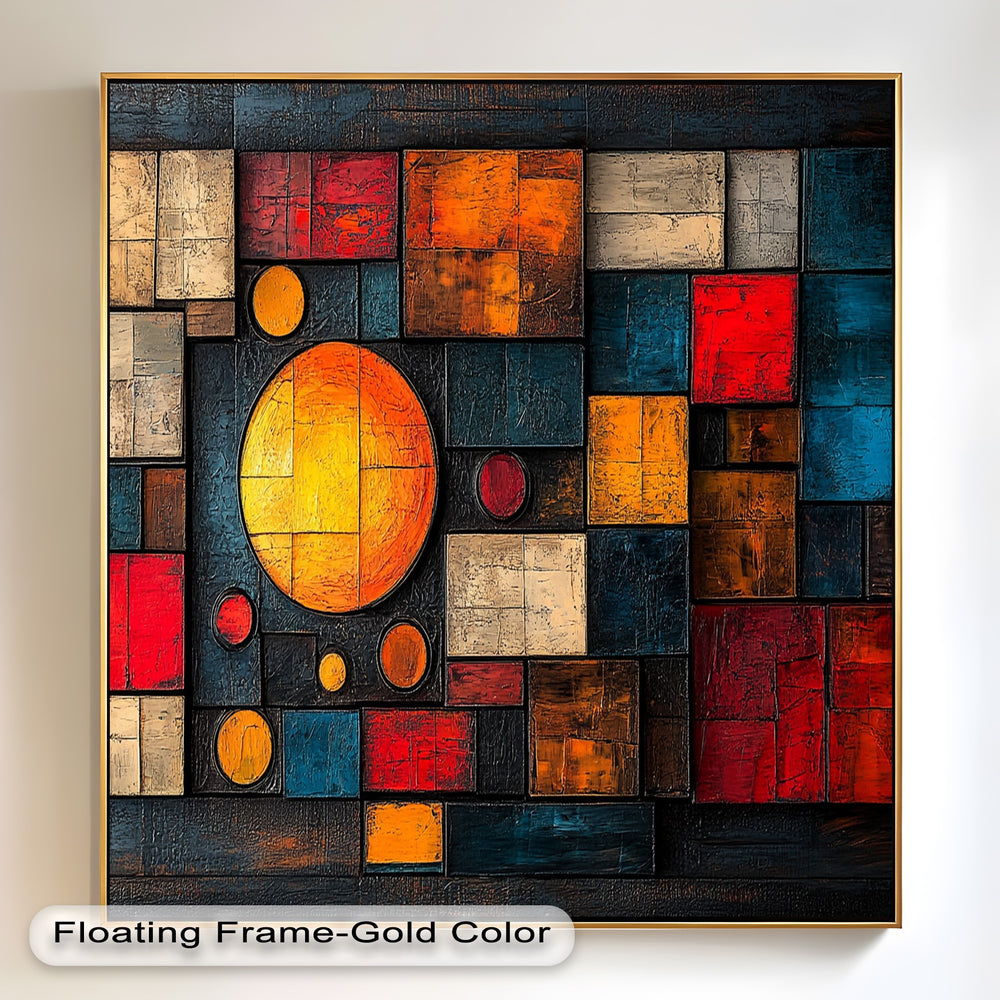 Abstract colorful painting featuring bold rectangles and luminous circle.
