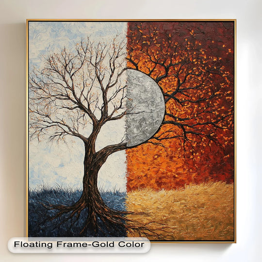 Half winter, half autumn tree artwork featuring bold textures and moonlit balance.
