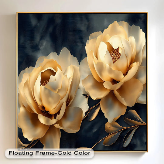 Transitional gold tones in this luxurious floral oil painting artwork highlight the elegant golden bloom petals against a dark backdrop, creating a stunning depth.
