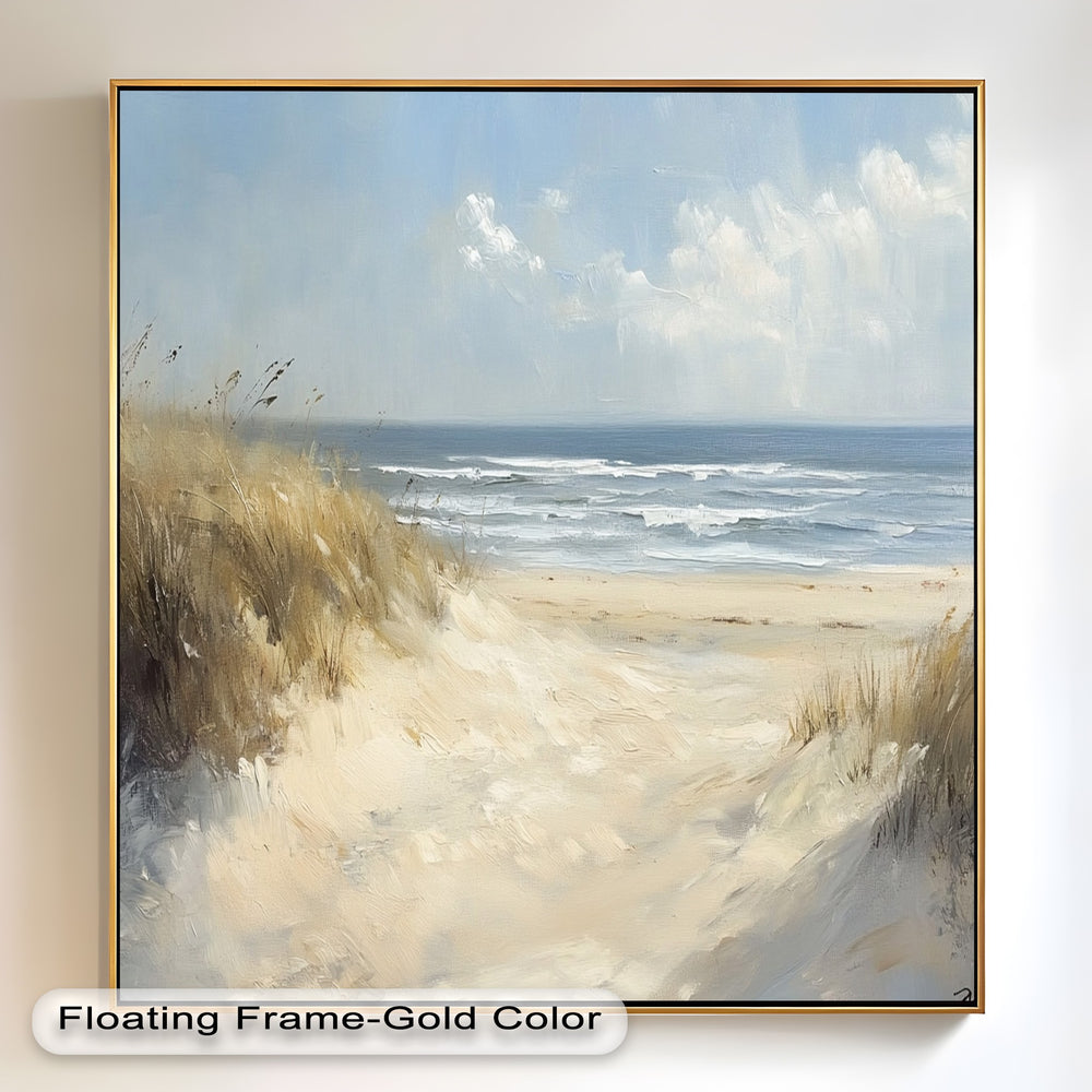 Coastal beach artwork featuring sunlit dunes and a peaceful sea horizon.
