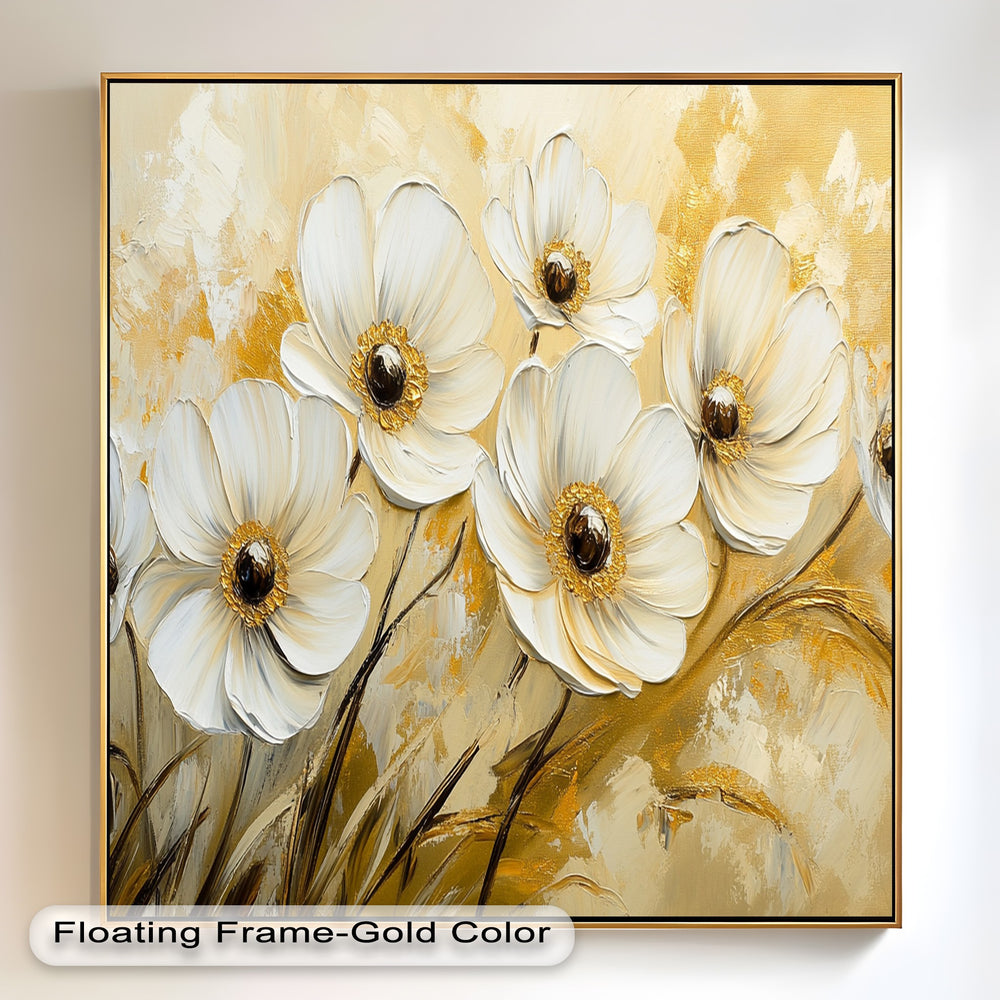 Elegant ivory flowers with radiant gold detailing — textured floral painting.
