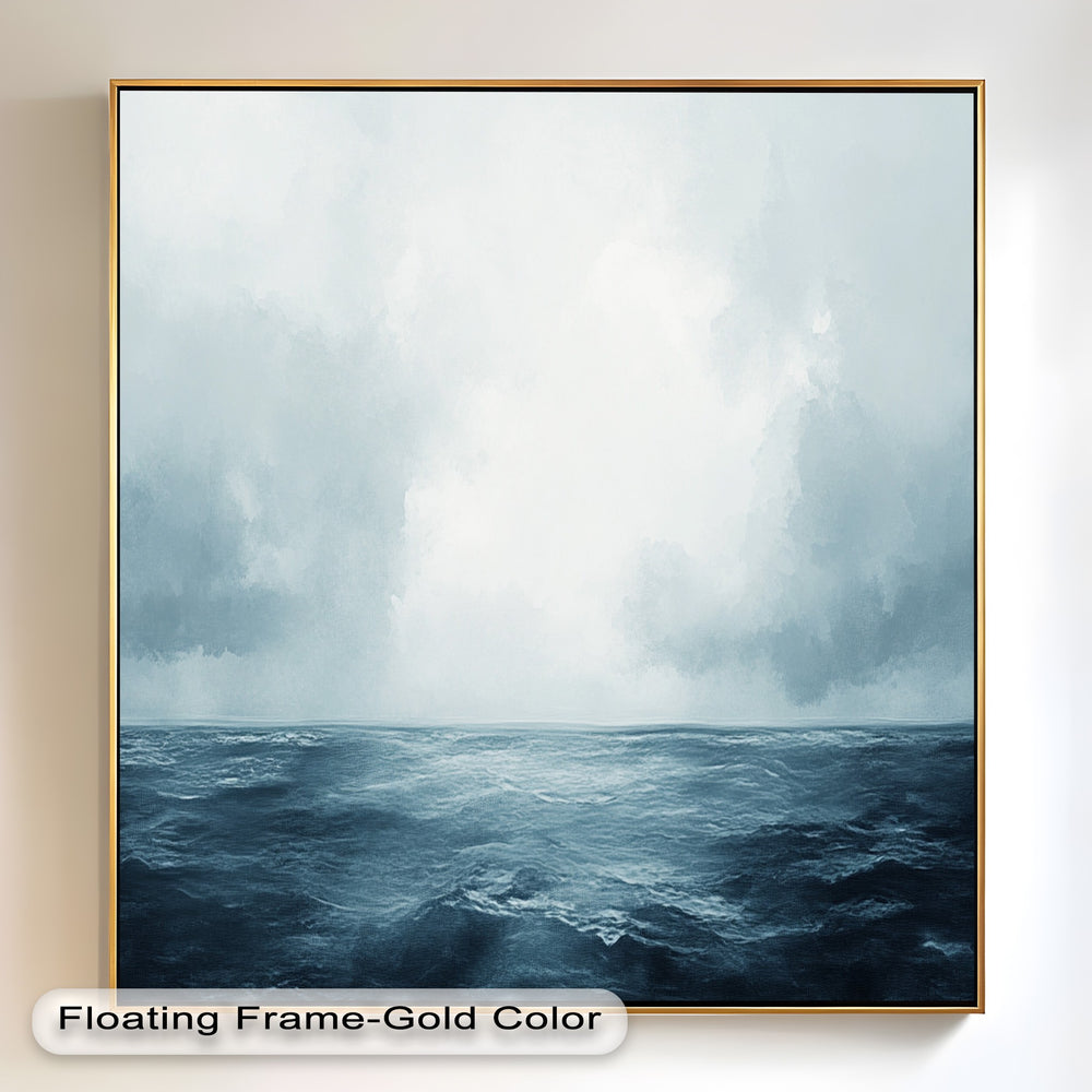 Calm seascape painting featuring open water and pale clouds.
