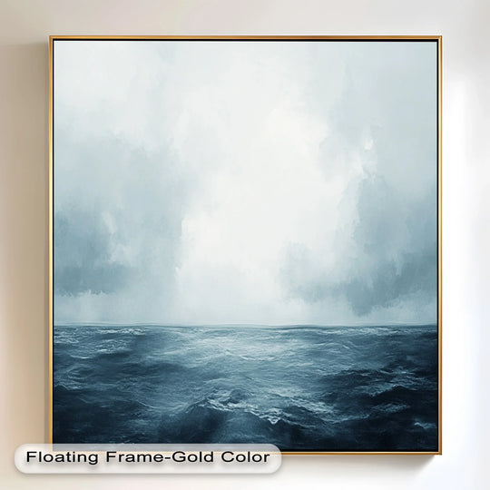 Cool color temperature highlights the serene blues of this minimalist ocean horizon oil painting artwork, creating a calming seascape.
