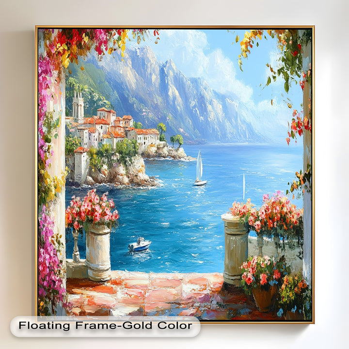 Mediterranean seascape oil painting with mountain views and serene sailboats.
