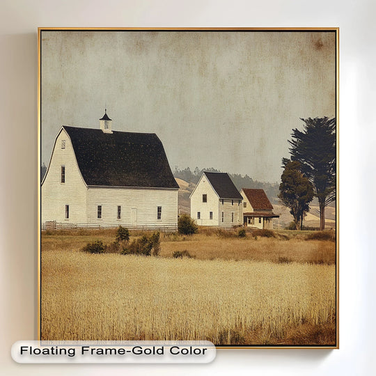 Highlighting the layering effect of golden fields and buildings, this vintage farmhouse landscape showcases an exquisite oil painting wall art with a rustic country barn scene.