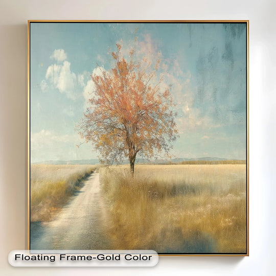 With muted color saturation, the framed lone tree landscape presents a tranquil oil painting art piece featuring golden fields beneath a soft, vintage-style sky.
