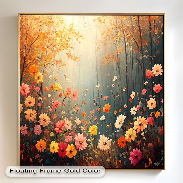 Dreamlike forest garden bursting with colorful blossoms.
