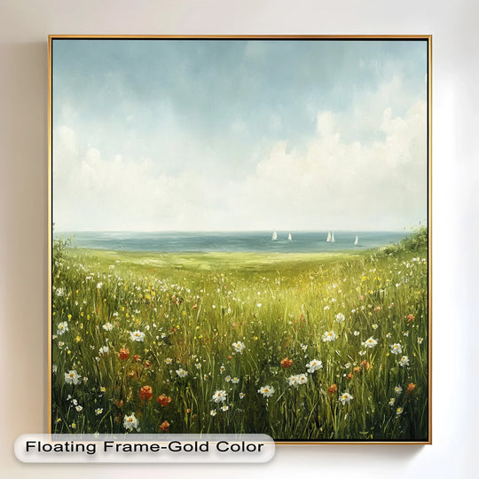 Showcasing the layering effect, this serene oil painting decoration presents a tranquil seascape with wildflowers and a soft, expansive field leading to the horizon.
