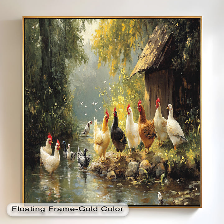 Country Farmyard Chickens by the Stream – Animal Oil Painting