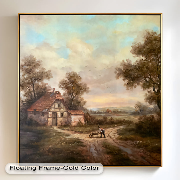 Rustikale Cottage Lane in der Abenddämmerung – Vintage-Ölgemälde