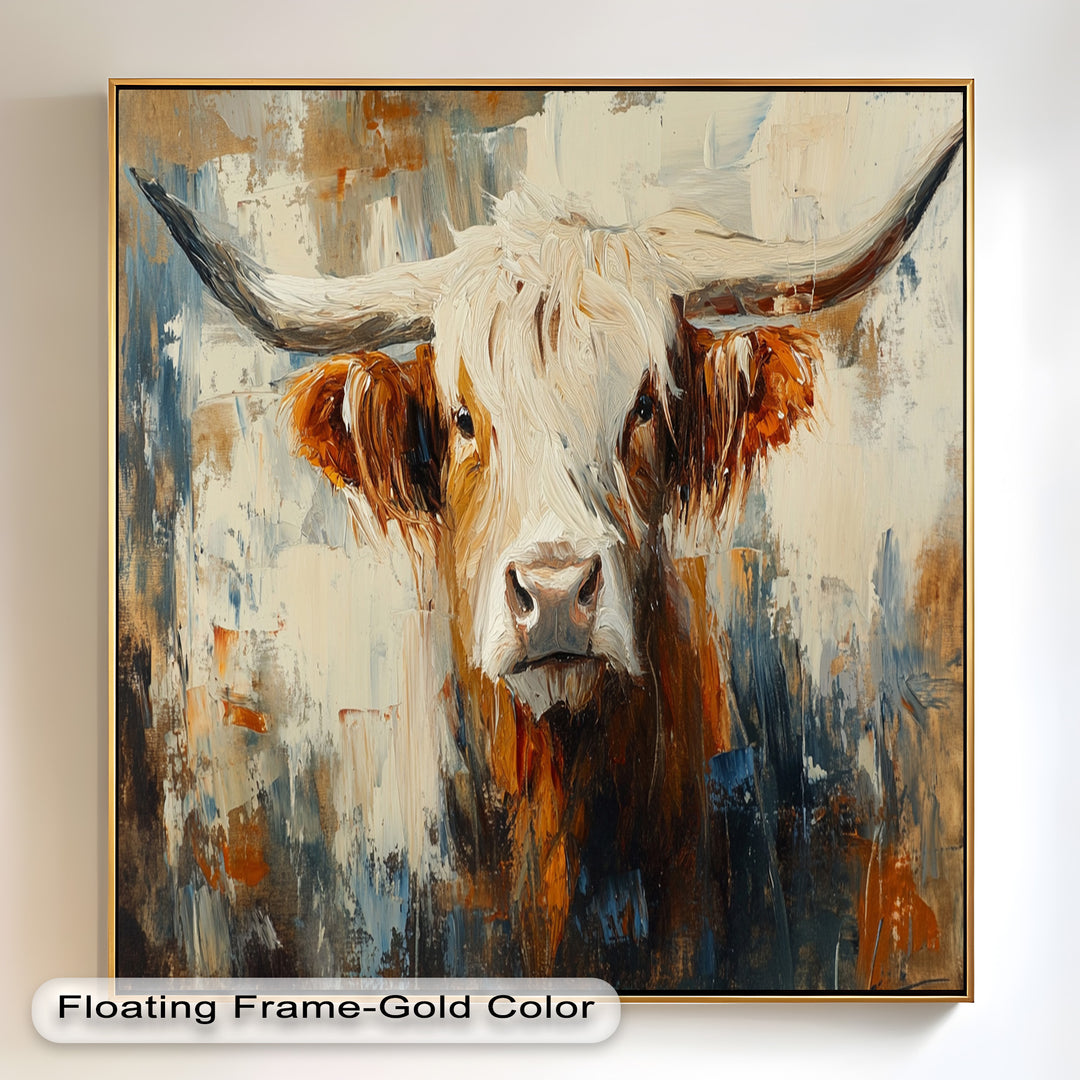Highland Cow with White Horns – Animal Oil Painting