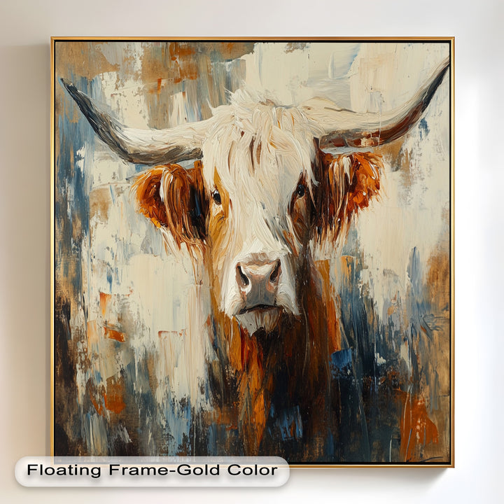 Highland Cow with White Horns – Animal Oil Painting
