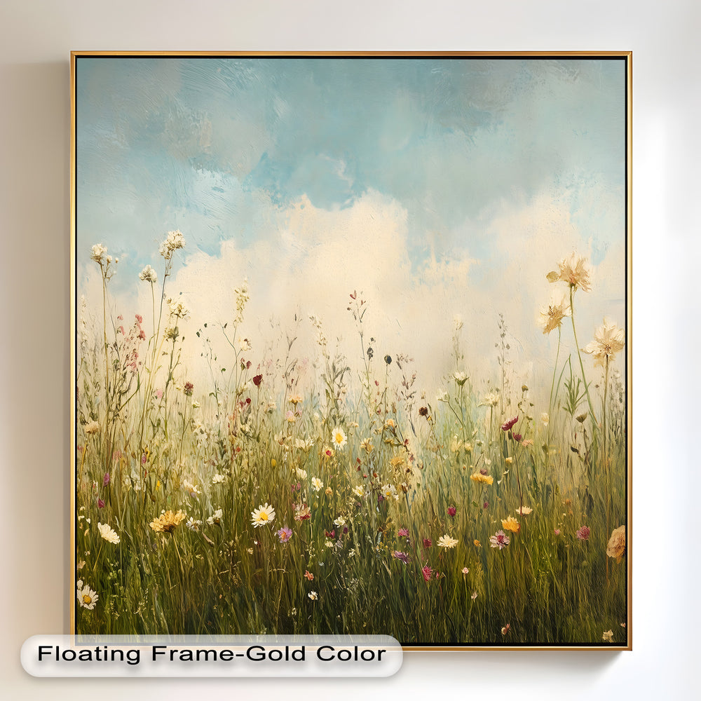 A beautifully textured impressionist-style artwork depicting a sunlit field of wildflowers, with soft brushstrokes creating a dreamy and tranquil atmosphere.
