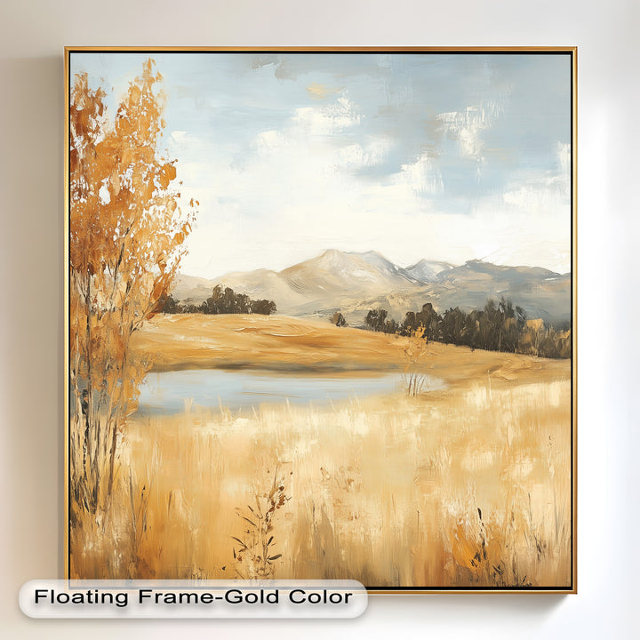 This breathtaking impressionist-style painting captures the quiet beauty of an autumn afternoon, with warm ochre fields and a reflective body of water nestled between distant peaks.