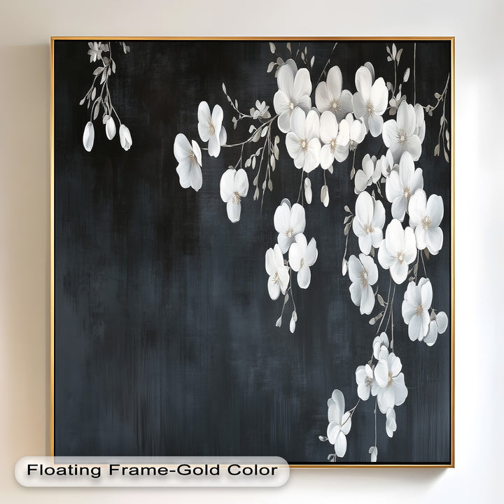 White Cherry Flowers on Midnight Blue - Flower Oil Painting
