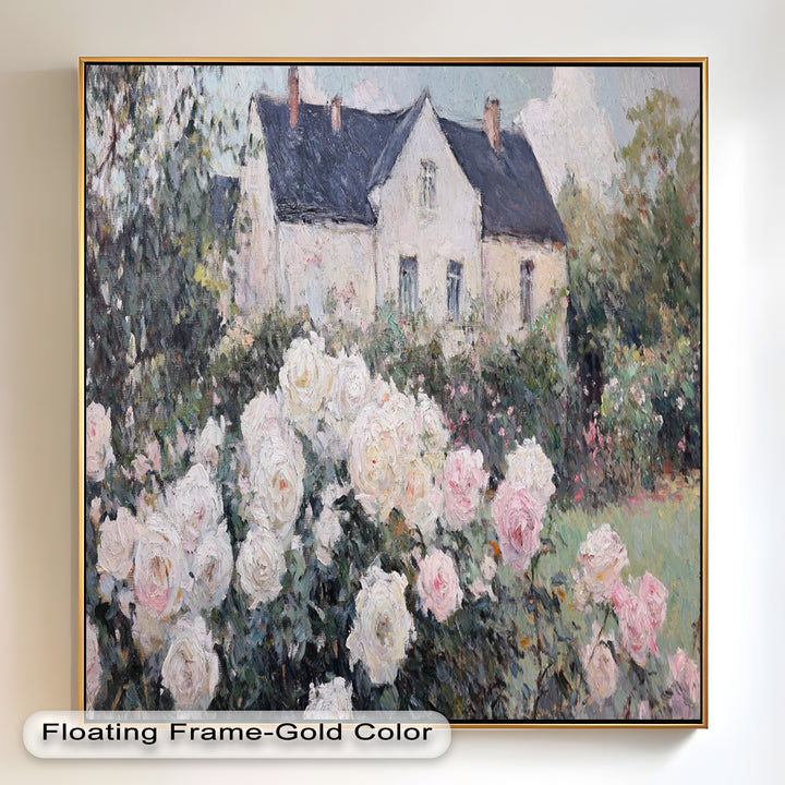 Cottage Garden Roses – Impressionist Floral House Scene Oil Painting