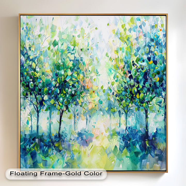 Blue & Green Forest Landscape – Abstract Nature Oil Painting