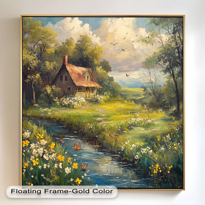 Vintage Frühlingslandschaft – Gerahmtes Ölgemälde