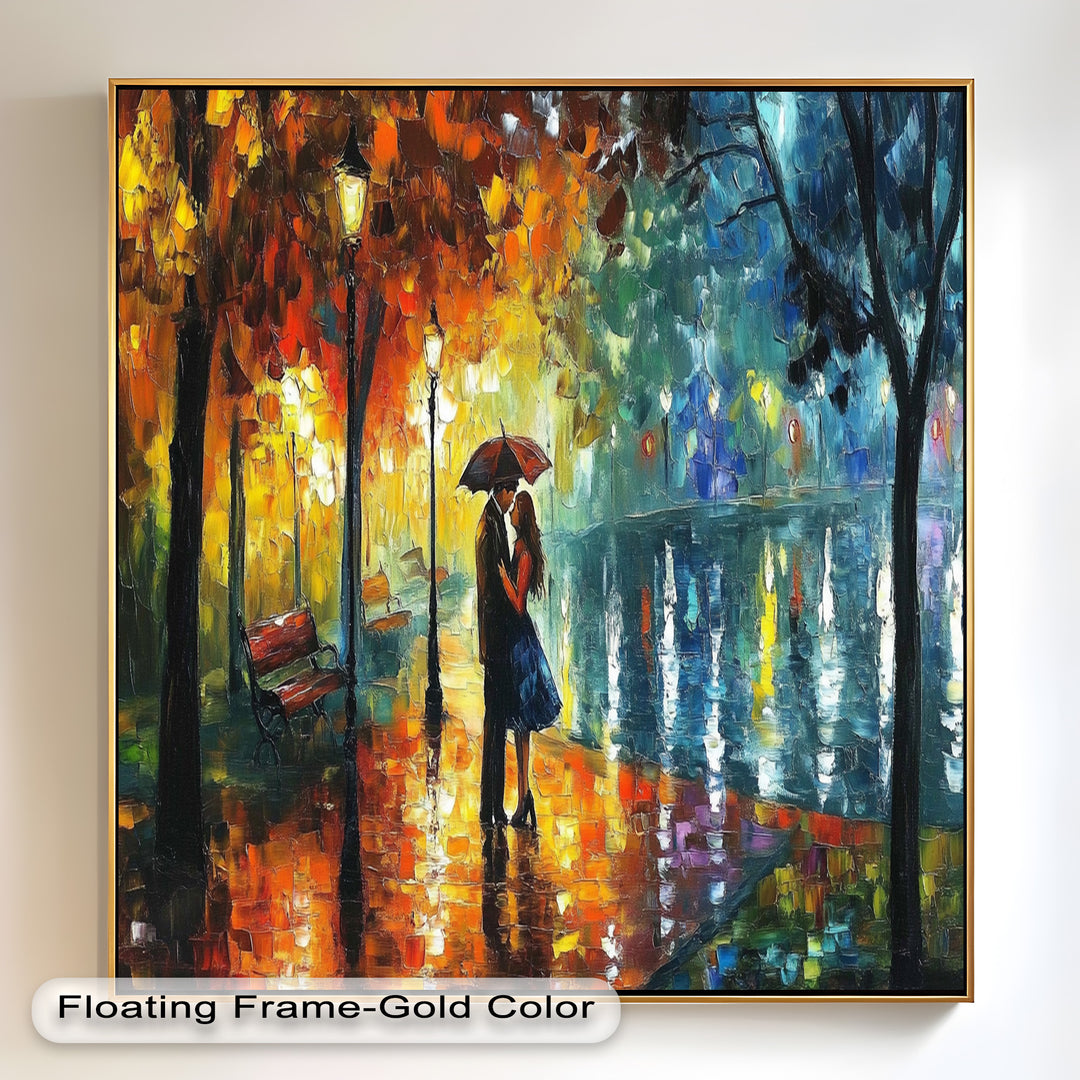 Golden Glow – Lovers Beneath the Umbrella Love Oil Painting
