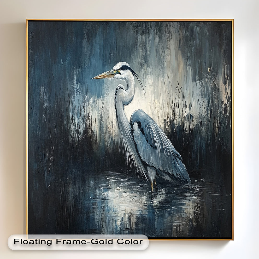 Heron in Misty Marshland – Animal Oil Painting