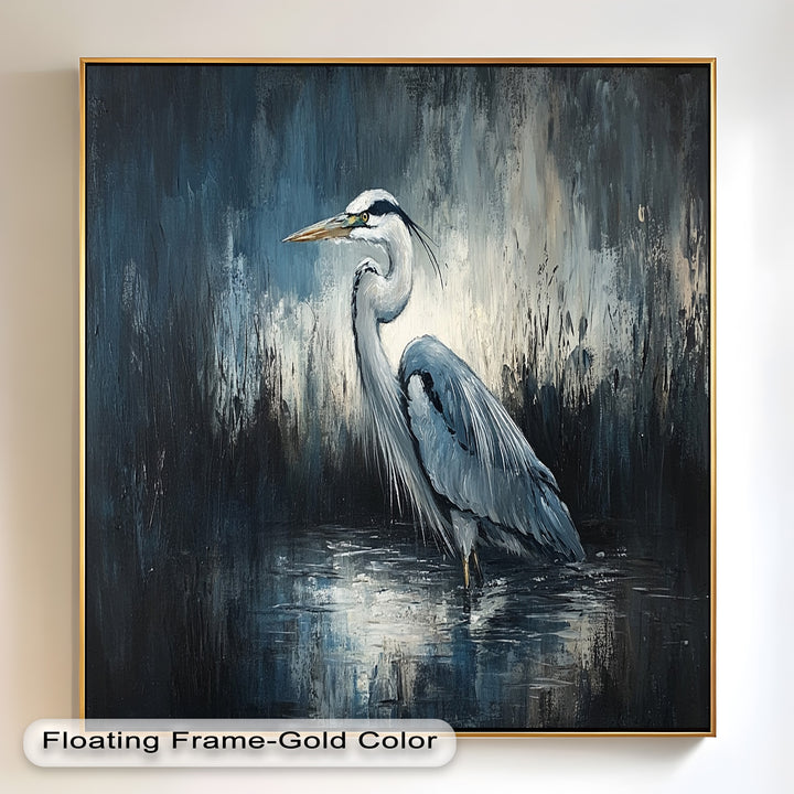 Heron in Misty Marshland – Animal Oil Painting