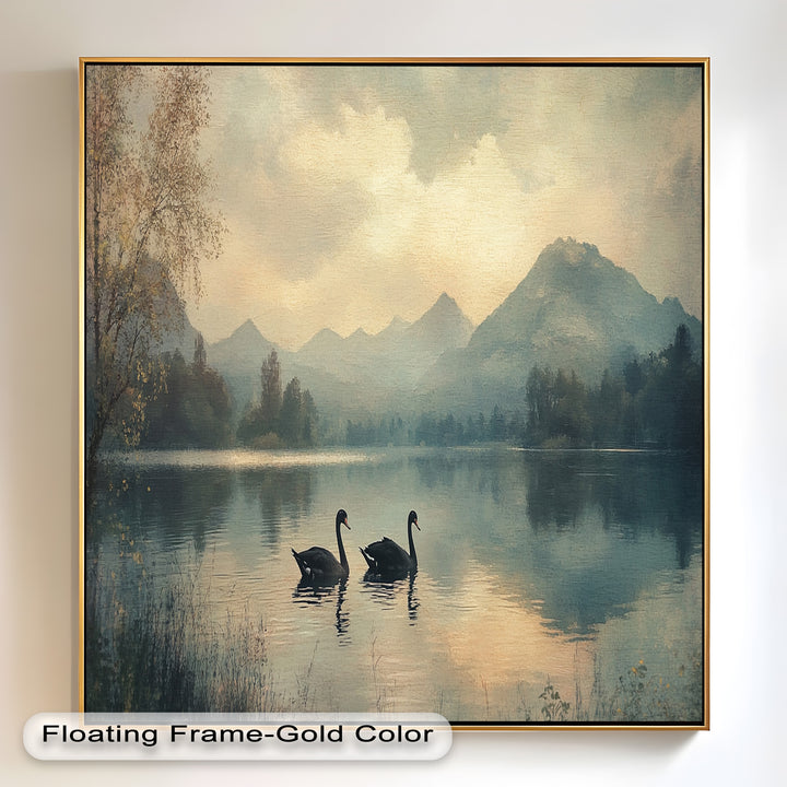 Black Swans on a Mountain Lake – Modern Oil Painting