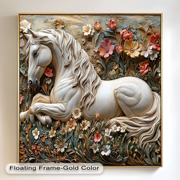 Rock Texture Flower Horse – Elegant Equine Oil Painting