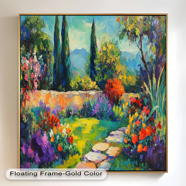Sunlit Garden Path Oil Painting – Fauvist Outdoor Floral Landscape