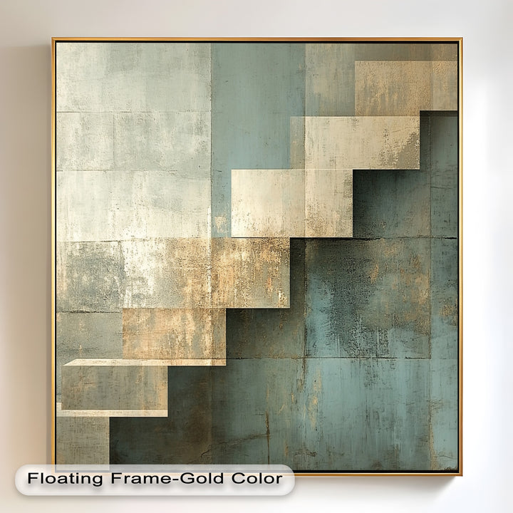 Geometrische Schritte Abstrakt – Blau &amp; Beige Modernes Ölgemälde