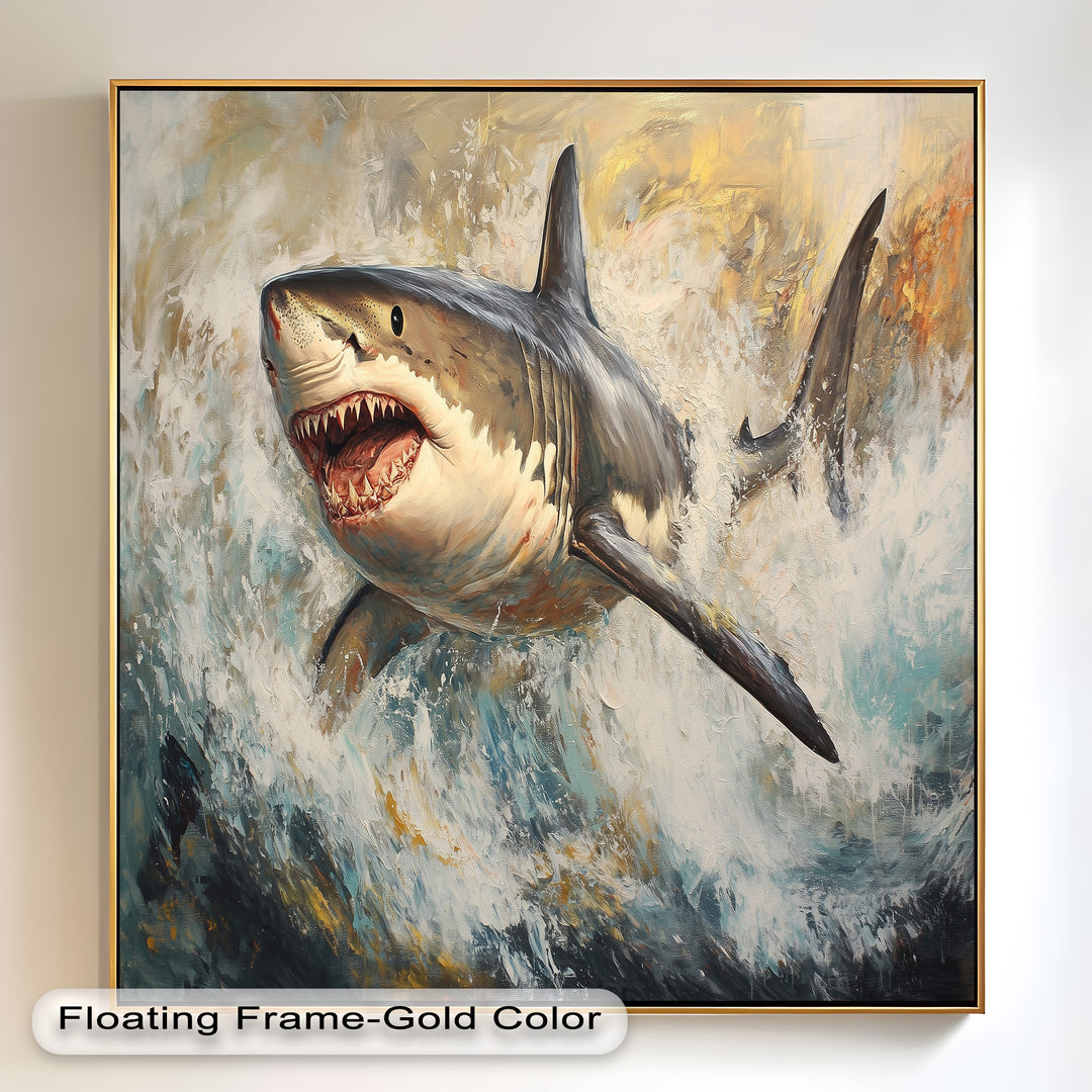Ferocious Great White Shark Leaping Through Waves - Animal Oil Painting