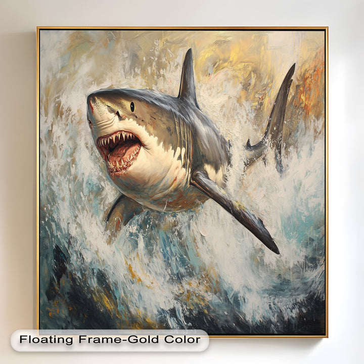 Ferocious Great White Shark Leaping Through Waves - Animal Oil Painting