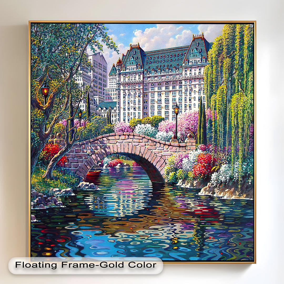 A captivating city park painting featuring a stone bridge over a calm pond, illuminated by warm streetlights, with a majestic historic building towering in the background.