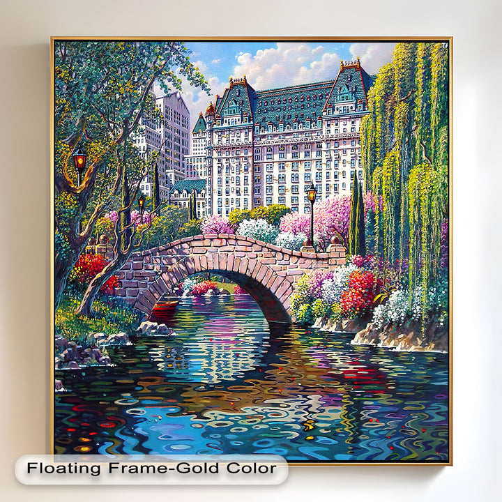 A captivating city park painting featuring a stone bridge over a calm pond, illuminated by warm streetlights, with a majestic historic building towering in the background.