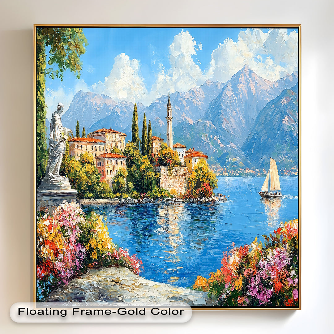 Colorful Italian Lake Town Wall Art – Landscape Oil Painting