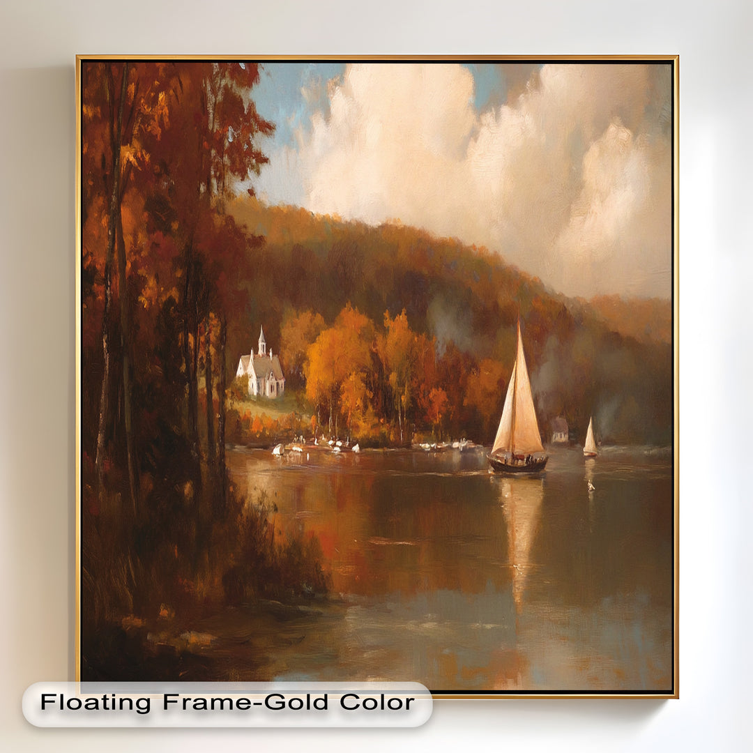 Herbstliche Segelreflexionen – Klassisches Ölgemälde des Hudson River