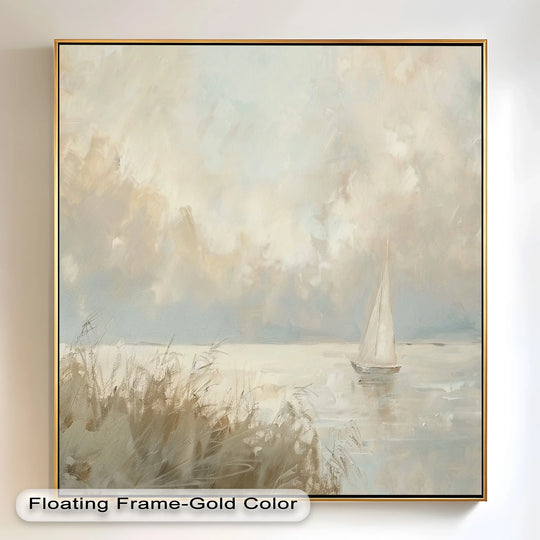 Warm color temperature highlights the serene 'Lake Sailboat' oil painting decoration, depicting a peaceful waterscape with a lone sailboat under gentle clouds.