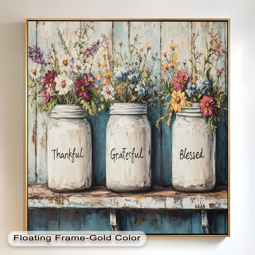 Thankful Grateful Blessed – Floral Jar Oil Painting