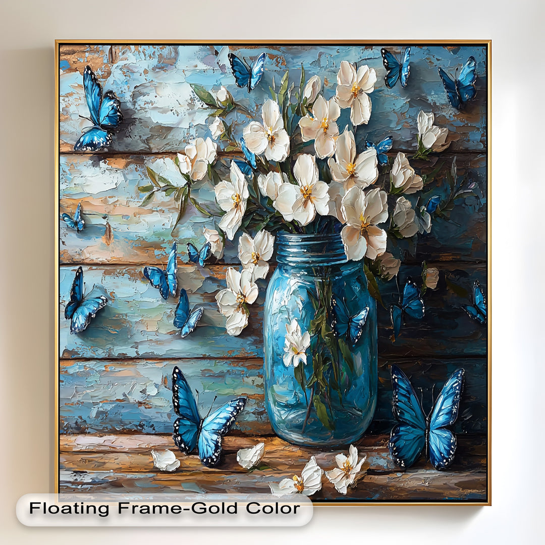 Flowers and Blue Butterflies – Elegant Nature Oil Painting