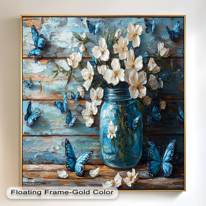 Flowers and Blue Butterflies – Elegant Nature Oil Painting