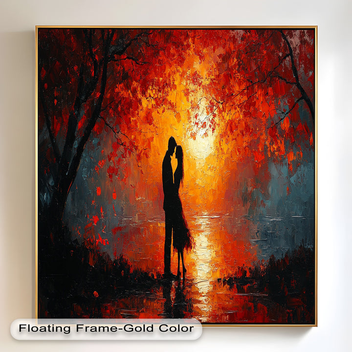 Passionate Kiss Beneath Autumn Flames - Love Oil Painting