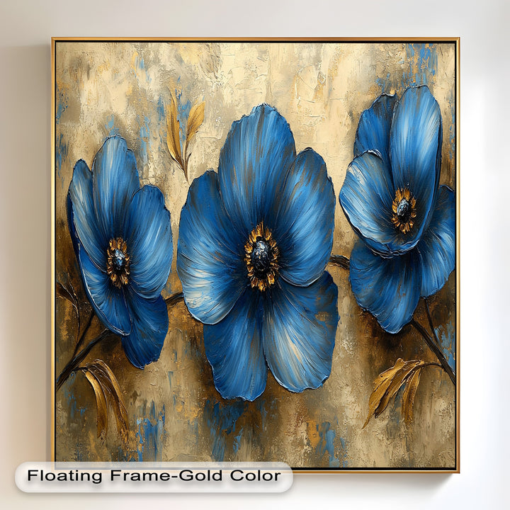 Golden Beige Elegance – Royal Blue Floral Trio Flower Oil Painting