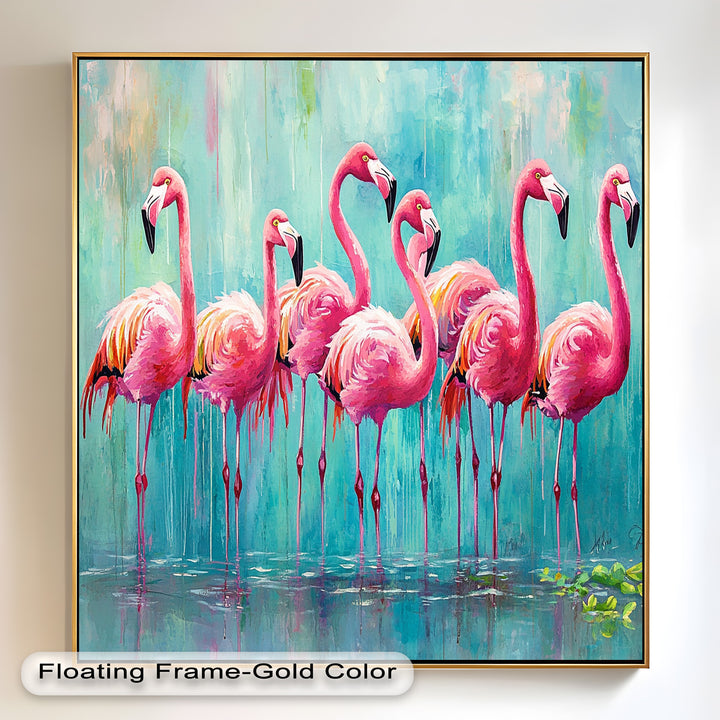 Flamingoschwarm auf dem Wasser – Tierölgemälde