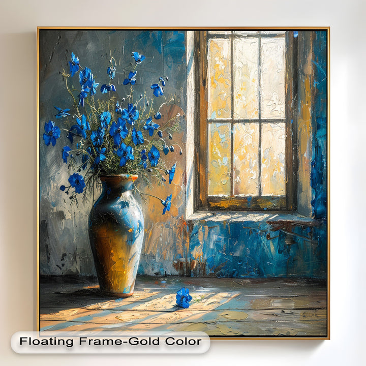 Blue Flowers in Vase – Rustic Still Life Oil Painting