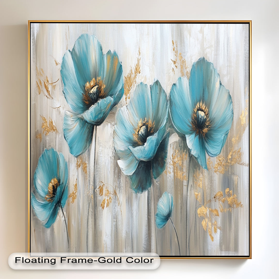 Blue Poppies with Metallic Accents - Flower Oil Painting